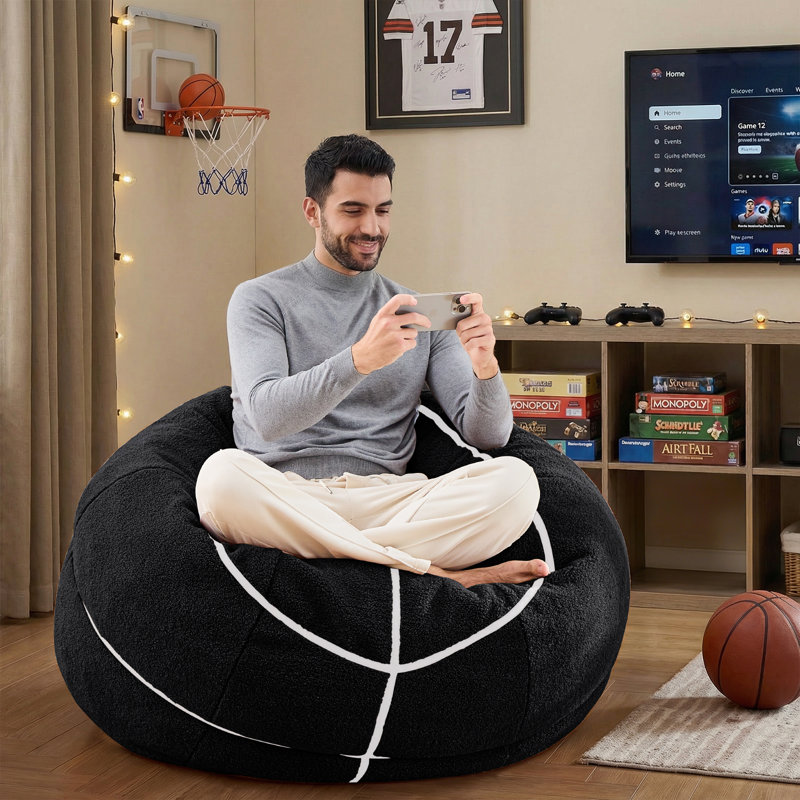 Fauteuil à billes en mousse à mémoire de forme avec housse amovible imprimée souple, 4FT, Black Basketball Teddy