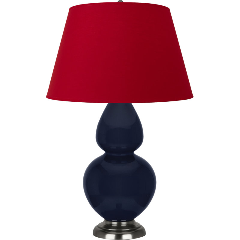 Lampe de table double gourde en céramique, Bleu minuit émaillé / argent antique, Blanc cassé, Argent argent