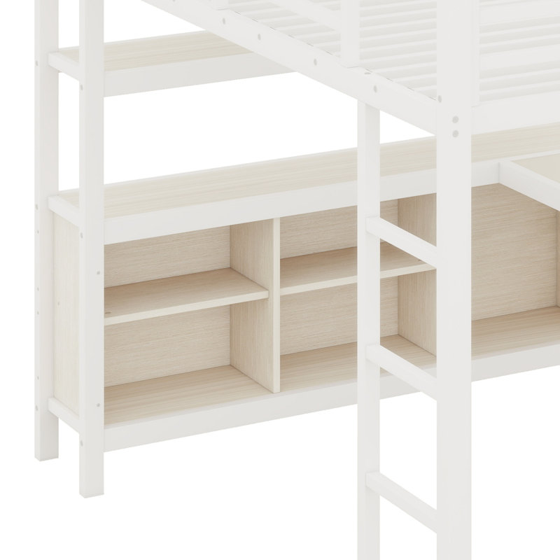 Metal Loft Bed Featuring A Wardrobe, L-Desk And  Storage Shelves, White Woodgrain