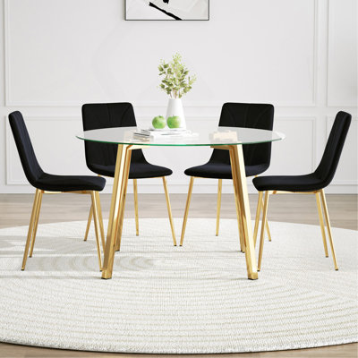 Table de salle à manger ronde en verre de style moderne, conception transparente élégante, base de support robuste, ensemble de chaises de salle à manger en velours noir, pieds de chaise en métal plaqué or, convient à la salle à manger et à la cuisine (ensemble de 5)