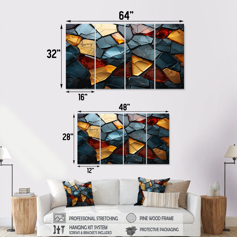 Carreaux de mosaïque dorés et bleus I - marbre abstrait, 4 pièces, H 28 po x l 48 po