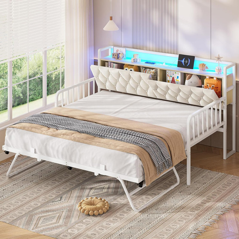 Upholstered Sofa Bed Frame, Twin Day Bed With Charging Station & Led Lights, Metal Trundle Bed Twin With Hidden Storage Headboard