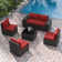 Ensemble de conversation 6 pièces en rotin HDPE toutes saisons avec coussins, accoudoirs extra larges et table basse avec plateau en verre