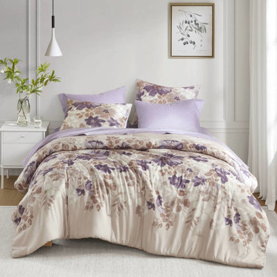 Twin Size Floral Comforter With Taupe Bed Sheets, In A Bag Comforter, 1 Sham, Flat Sheet, Fitted Pillowcase, Microfiber Print, Diamond Design Sheet , Filling, Washable And Brushed Microfiber,