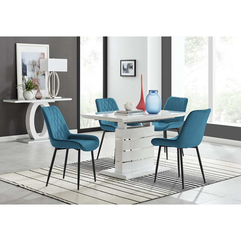 Everson High Gloss 6 Seat Extendable Dining Set with Luxury Velvet Upholstered Dining Chairs, Blue/Black