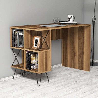 Modern Wall-Mount Study Desk, Walnut & Black, 47.2 x 30.9 x 23.6 inches | 100% Melamine Coated Particle Board, Thickness: 0.7 inches | Numerous Shelves, Industrial Design, Perfect for Home Office & Study Spaces