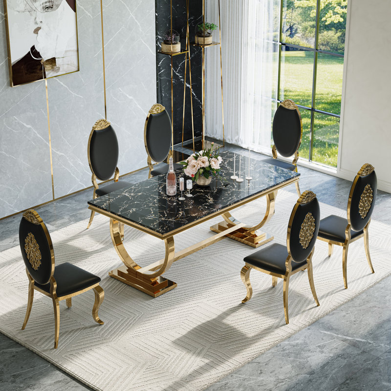  5 - Piece Dining Set, 5 Pieces: Table, 4 Chairs, Black/Black/Gold