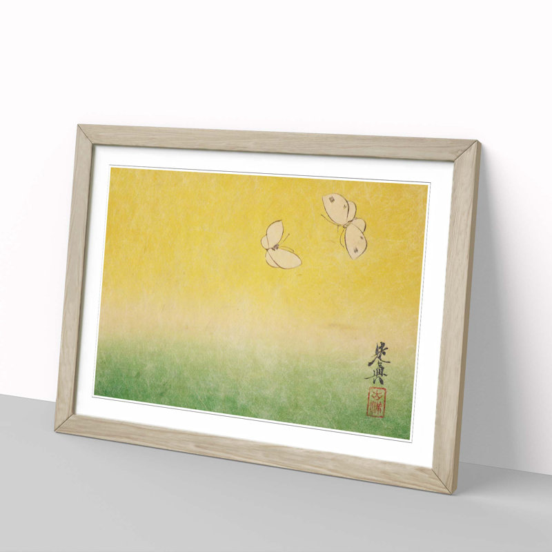 Two Butterflies by Shibata Zeshin - Framed Print, 27cm H x 36cm W x 2cm D, Oak Framed