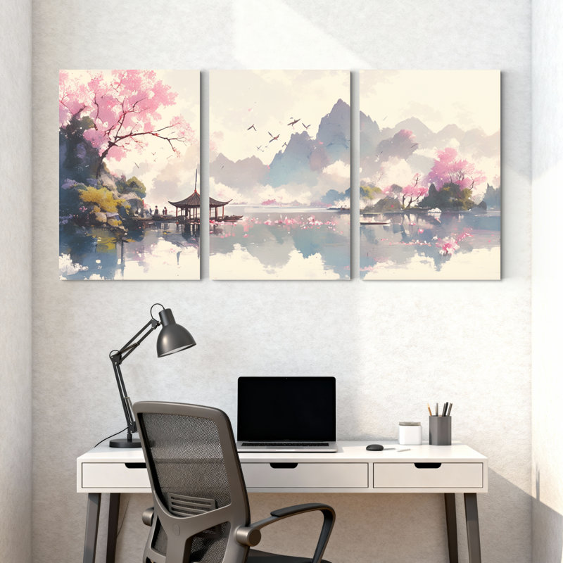 Paysage et nature Cherry Blossom Lake Pavilion Mountains, oiseaux, scène de printemps, ensemble de 3 impressions sur toile