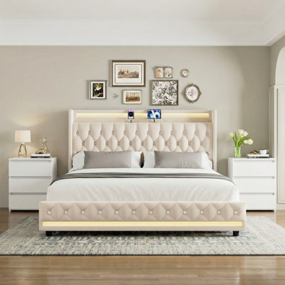 3-Piece Modern Elegant Bedroom Sets With Velvet Bed & Two Storage Nightstands