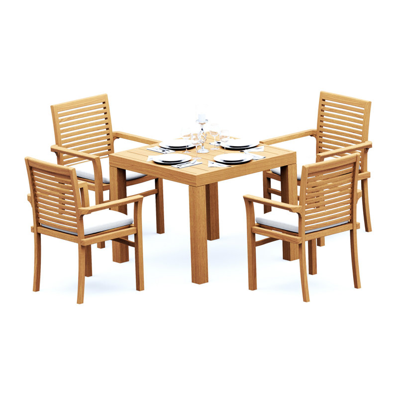 5 Pcs Grade-A Teak Wood Dining Set: 36" Square Table And 4 Mas Stacking Arm Chairs #11MS0804, 4