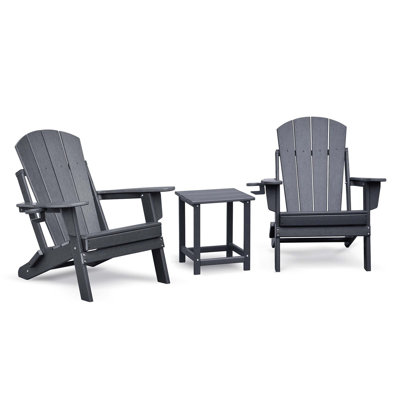 Folding Outdoor Adirondack Chair Set Of 2 With Matching Table, HDPE All-Weather Folding Fire Pit Chair, Ergonomic Patio Lawn Chair For Deck, Garden, Backyard And Balcony, Grey Color