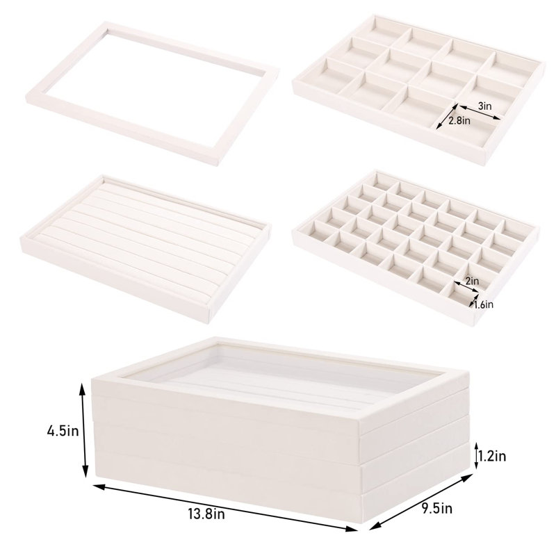 Ensemble de rangement de plateaux de bijoux empilables avec couvercle transparent, plateaux pour tiroir, organisateur de présentation de bagues et de boucles d'oreilles