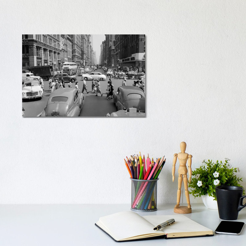 1940s-1950s Street Scene Crowds Traffic Intersection Fifth Avenue & 14Th Street Manhattan NY New York City 1 Piece Wrapped Canvas Wall Art