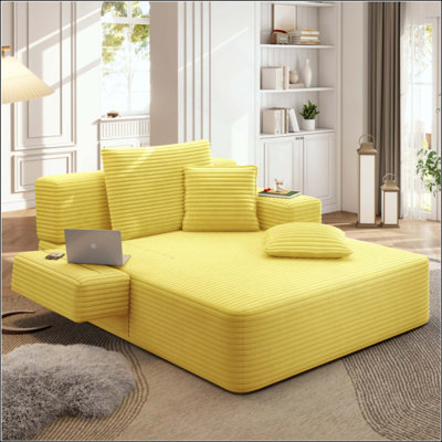 Oversized Plush Corduroy Chaise Lounge Sofa Bed,Convertible Sleeper Couch Bed w/ Storage Pockets,3 Soft Pillows ,Multi-Functional Frameless Sofa Couch for Apartment,Home Theater,Guest Room,Dorm