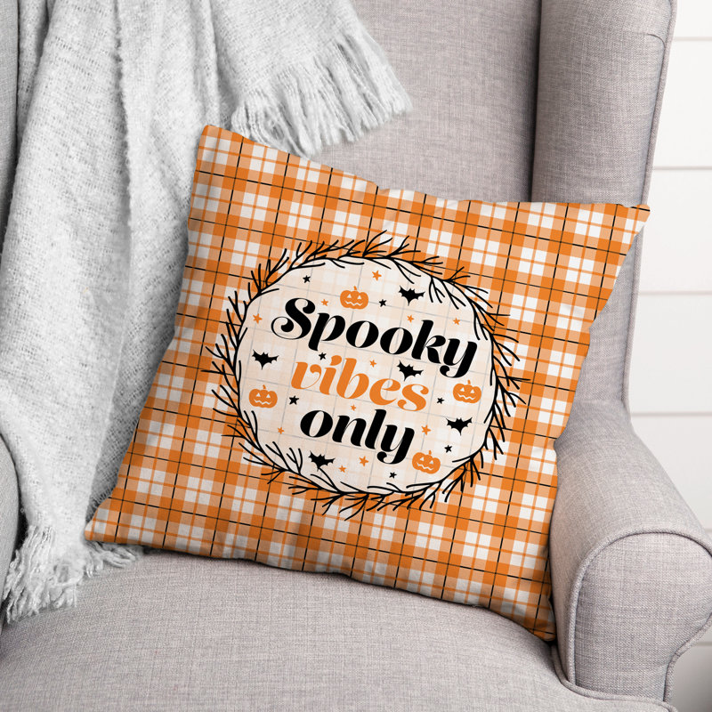 Coussin Spooky, H 18 po x l 18 po, Carré, Tissu écossais orange