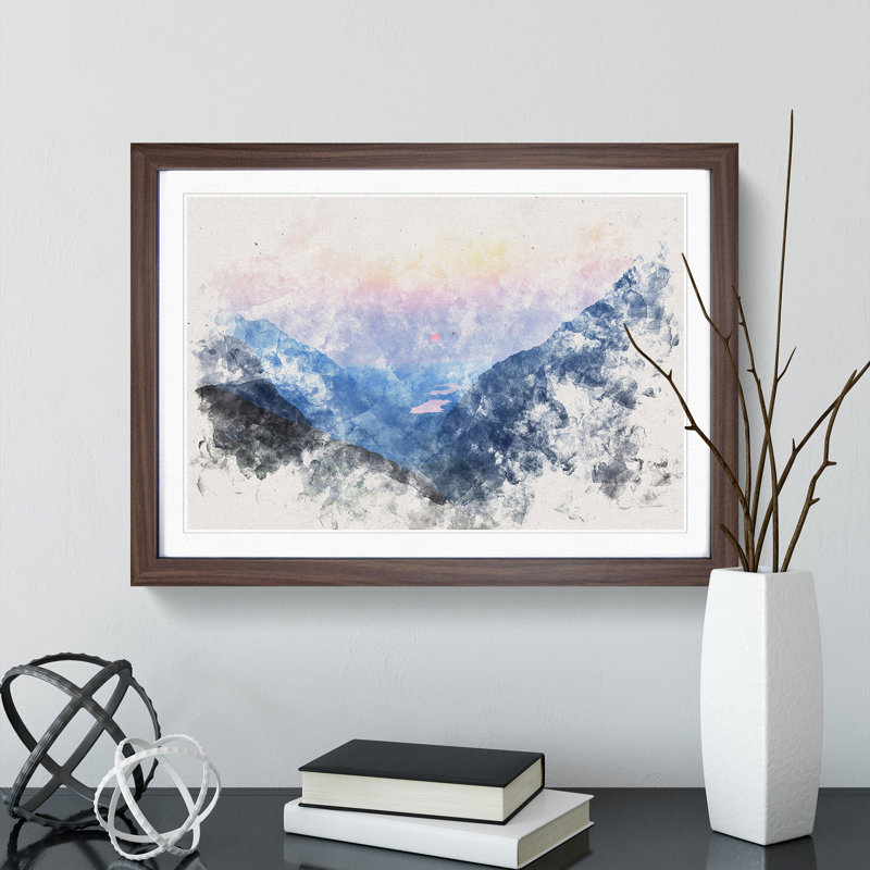 Sunset in Snowdonia in Wales Watercolour - Picture Frame Graphic Art Print, 45cm H x 63cm W x 2cm D, Walnut Framed
