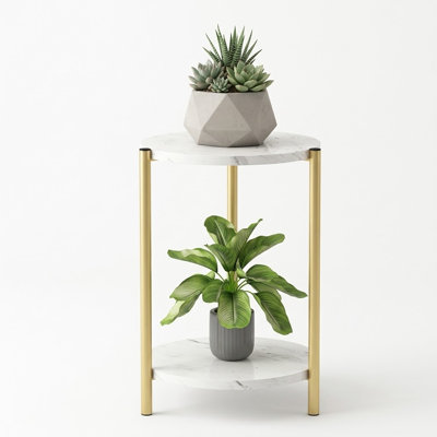 Support à plantes rond à deux niveaux en métal avec étagères en faux marbre noir, table d'appoint moderne pour salon, chambre et terrasse