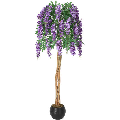 Arbre à fleurs artificiel mauve 5 pi avec fleurs en soie mauve-rouge, vignes suspendues et mousse réalistes, plante de faux pot en ciment pour la maison, le bureau, le mariage et les événements