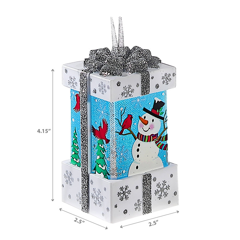 Multicolored LED Snowman Present Ornament with Glitter Bow