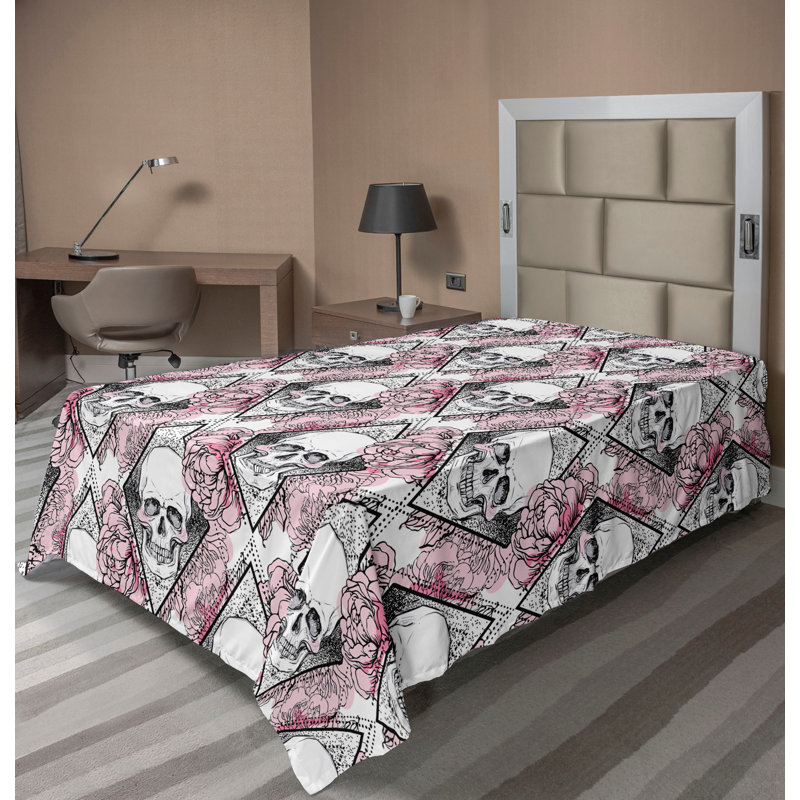 Drap plat Ambesonne Skulls and Roses - losange gothique blanc rosé et gris anthracite, Drap plat pour lit simple