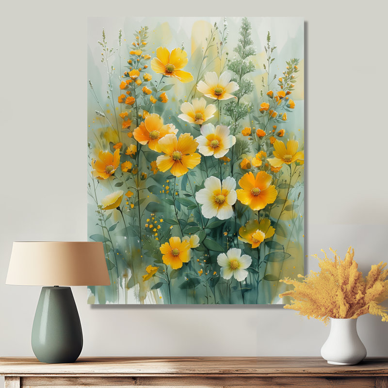 «Yellow Wildflowers Spring Awakening I» - Art mural fleurs sauvages, Toile tendue, H 20 po x l 12 po x P 1 po