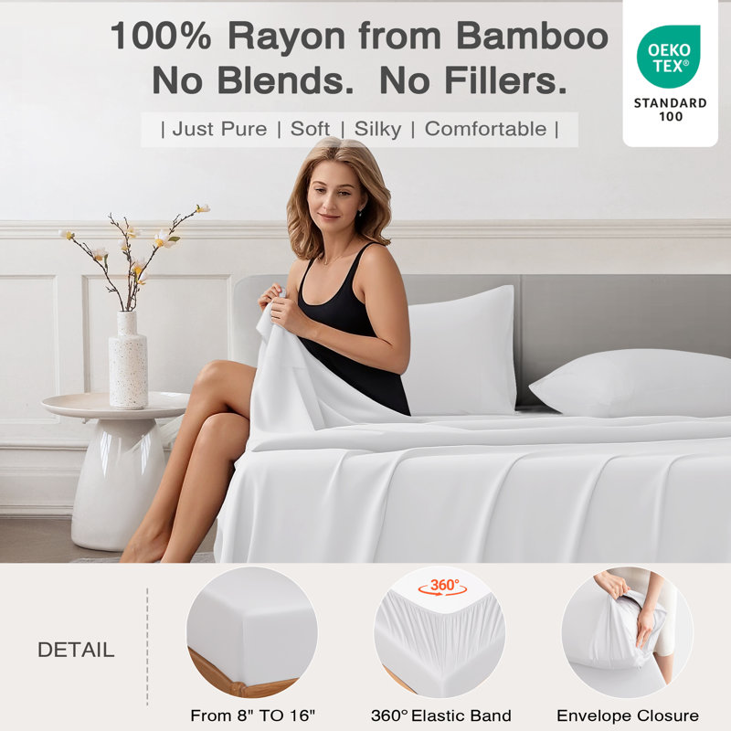 Luxury Sheet Set, Cooling 100% Rayon From Bamboo Silky Soft Bedding, White, King Sheet Set with 2 Pillowcases