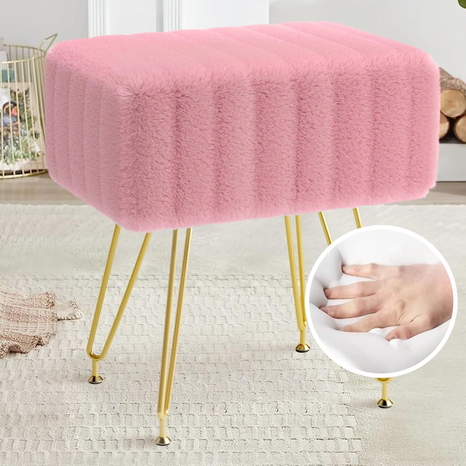 Mercer41 Faux Fur Square Vanity Stool Soft Footrest Metal Legs