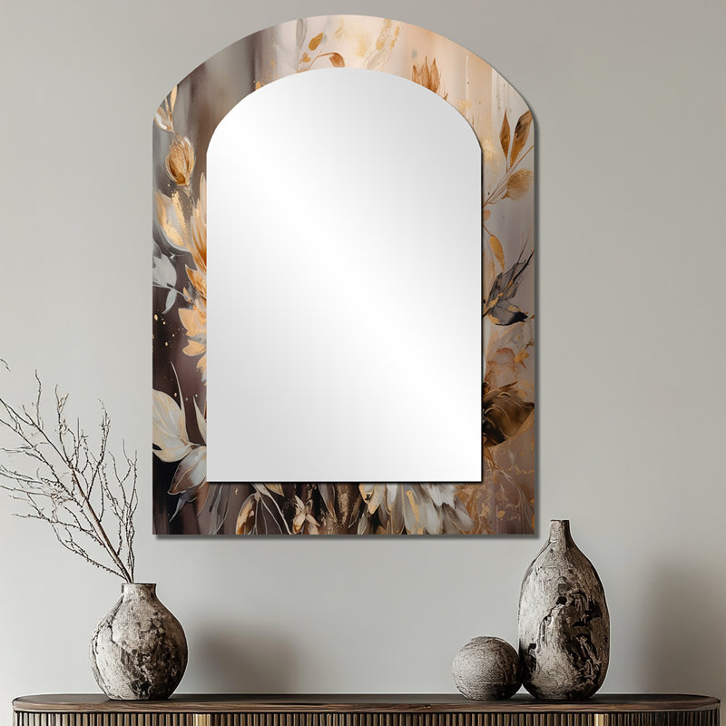 Or blanc, art floral de chrysanthème - miroir décoratif à arche florale sur métal, 34 po x 25 po