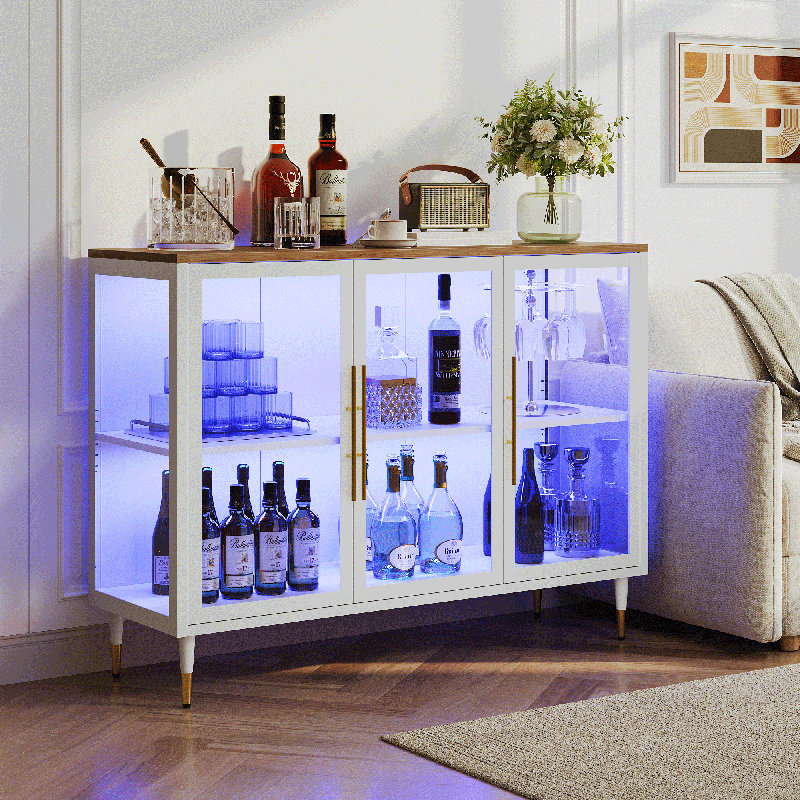 Sideboard Buffet Cabinet With Glass Door, Adjustable Shelves, RGB Light, White