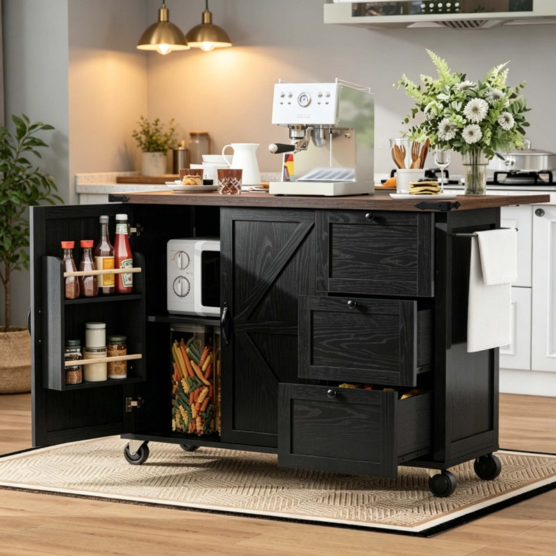Farmhouse Rolling Kitchen Island Cart with Power Outlet, Drop Leaf Top, Side Spice Rack & Lockable Casters, Black