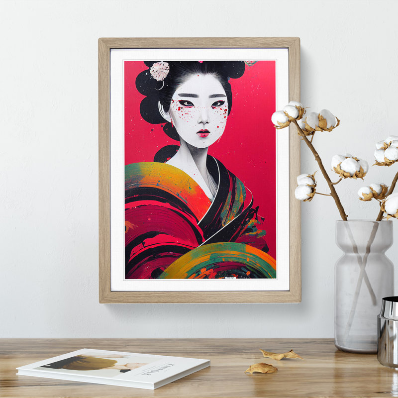 Painted Geisha No.4 - Single Picture Frame Painting, 46cm H x 34cm W x 2cm D, Oak Framed
