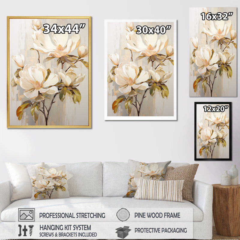 «Elegant Beige Magnolias Tranquility II», reproduction sur toile, Cadre simple argenté, H 20 po x l 12 po x P 1 po