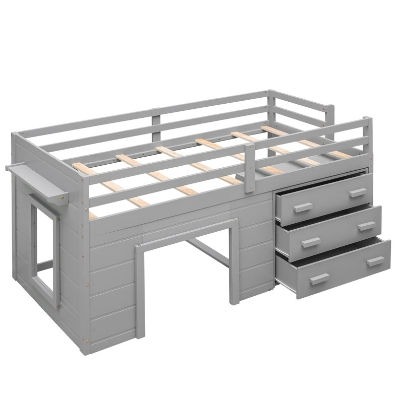 Lit mezzanine simple gris avec tablette et armoire - Structure en bois massif pour économiser de l'espace, Gris