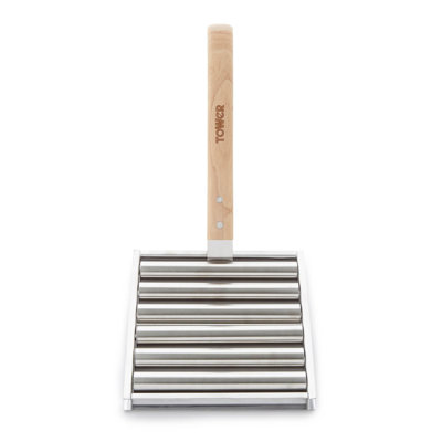 Tower BBQ Hot Dog Roller with Wooden Stay Cool Handle, Robust Construction, Stainless Steel