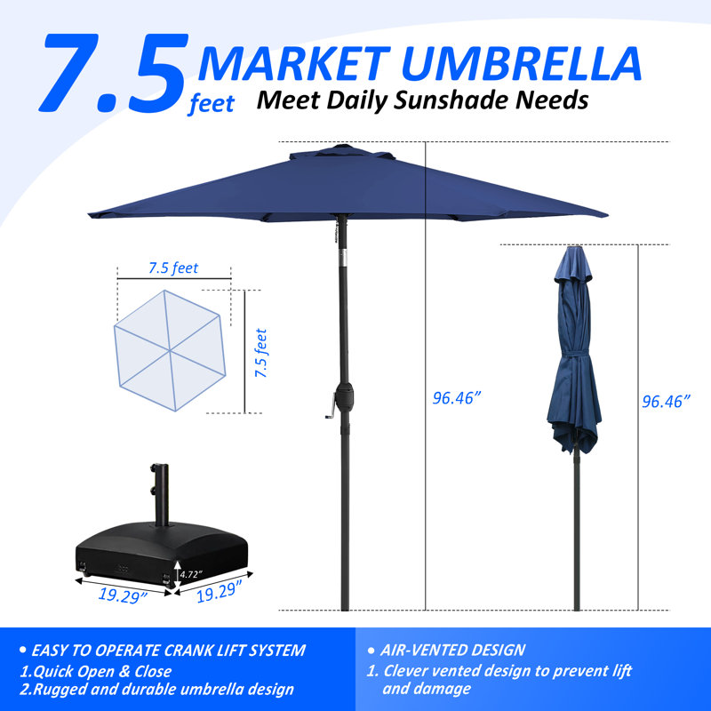 Parasol d'extérieur 90 "à bouton-poussoir avec base incluse, Bleu marine