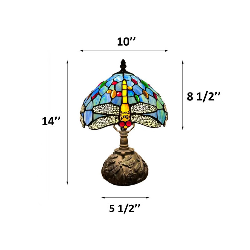 Simonetti Tiffany Mini Table Lamp Dragonfly Blue Stained Glass LED Bulb Dragonfly Base 10"W*10"D*14"H*, Yellow/Blue/Beige