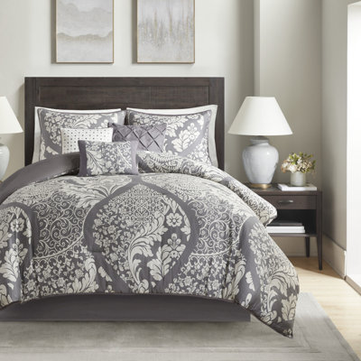 Ensembles de literie en coton durable, grand damas gris, confort transitionnel