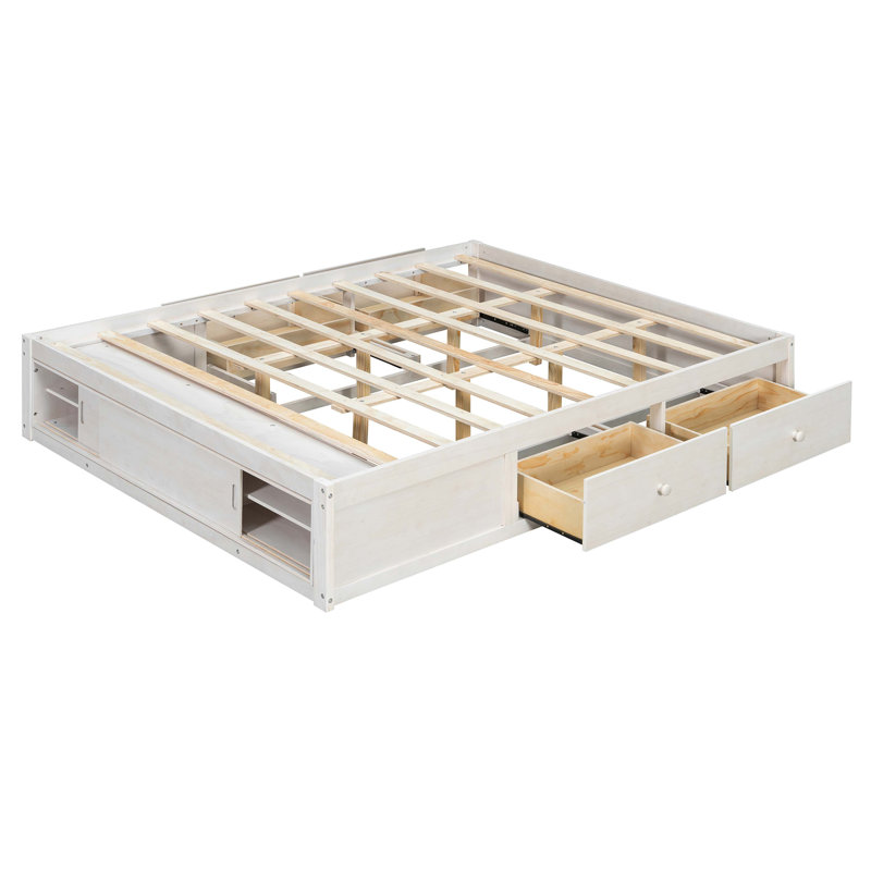 Structure de lit plateforme grand format avec 4 tiroirs de rangement et un casier de rangement au pied de lit, sans tête de lit, conception moderne peu encombrante