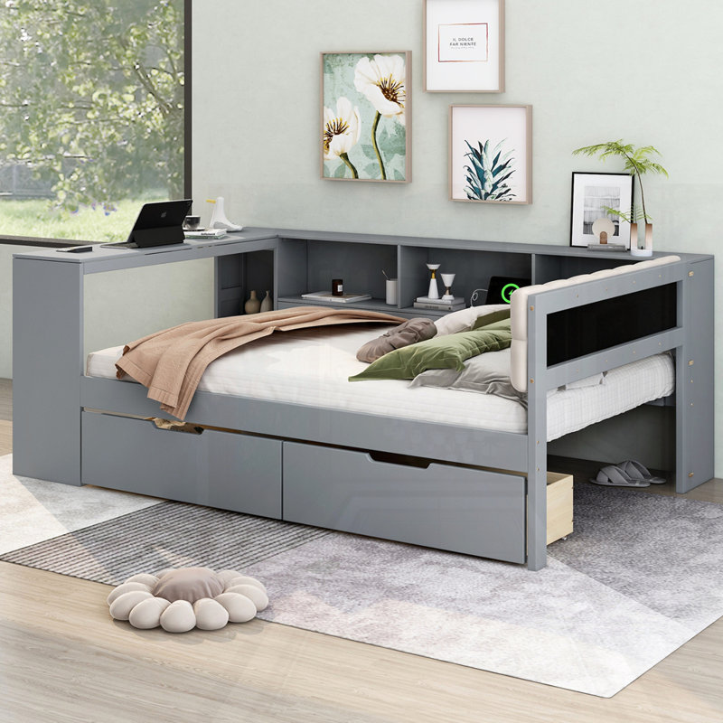 Lit plateforme en bois avec tablettes et tiroirs de rangement, Complète , gris