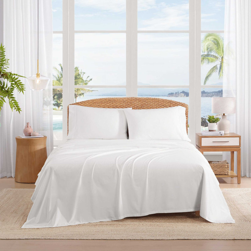 Ensembles de draps en percale de coton Tommy Bahama, Ensemble de draps pour lit simple avec 1 taie d'or, Blanc