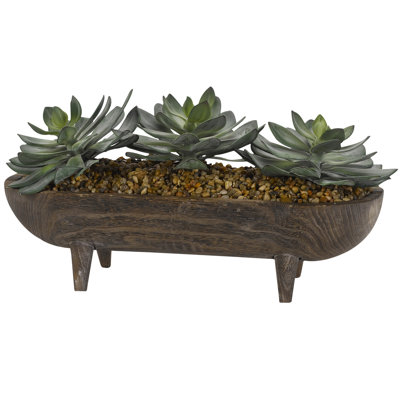 11'' Faux Echeveria Plant in Solid Wood Planter