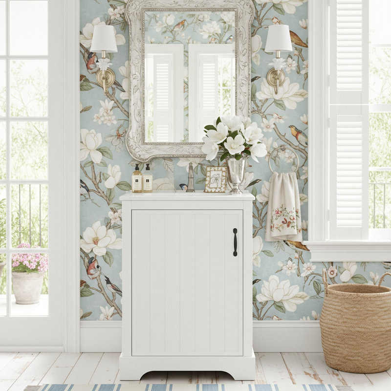 Meuble-lavabo autoportant de 20 po avec lavabo en céramique, armoire de rangement avec porte à fermeture en douceur et support de rangement