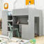 Lit mezzanine double en bois avec garde-robe, bureau et tiroirs