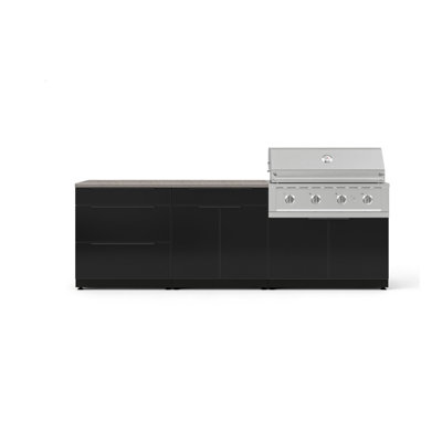 Ensemble de cuisine extérieure en aluminium noir, composé de 5 éléments : armoire à 3 tiroirs, bar, armoire à barbecue, barbecue haute performance au propane de 102 cm et comptoir en pierre reconstituée grise de 163 cm.