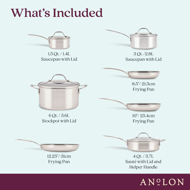 Anolon Everlast Ceramic Nonstick Cookware Set Clad Induction Pots And Pans, 11 Piece, Stainless Steel