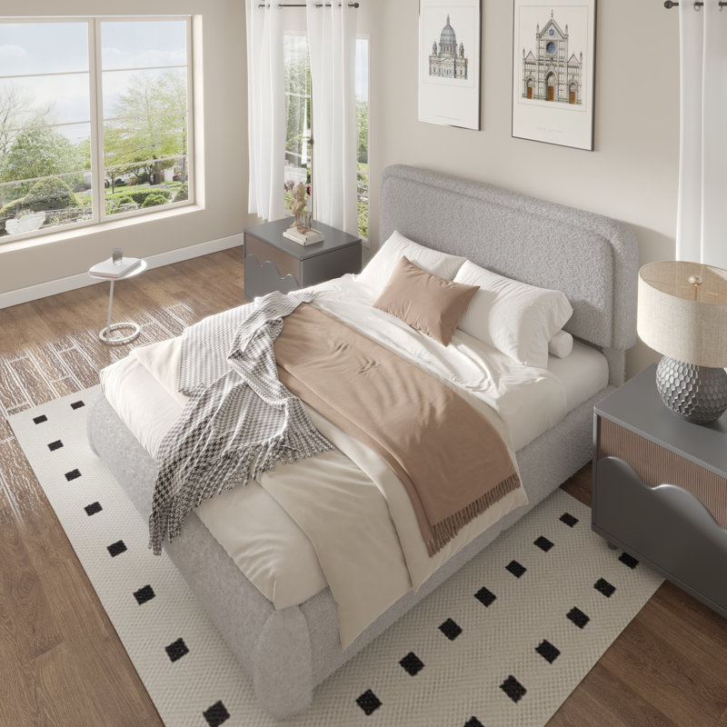 Haden Lambswool Boucle Upholstered Platform Bed Frame with Headboard, Queen, Light Gray