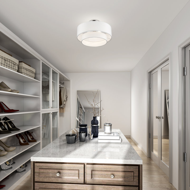 Grand semi-encastré 3 lumières or doux avec abat-jour en tissu blanc cassé fabriqué à la main, Nickel brossé