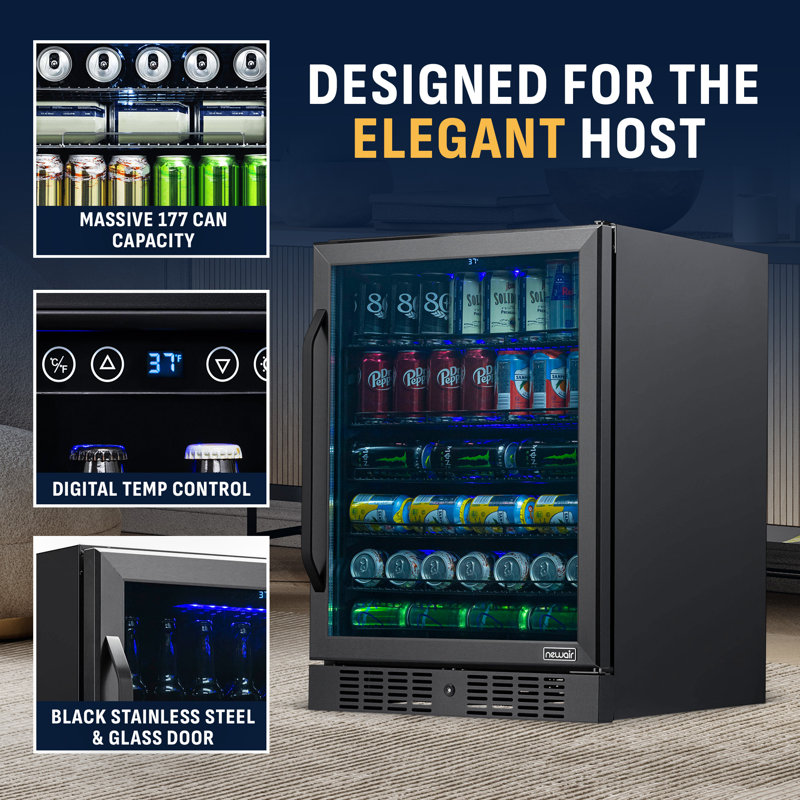 Newair 24" Built-in 177 Can Black Stainless Steel Beverage Fridge with Precision Temperature, Black