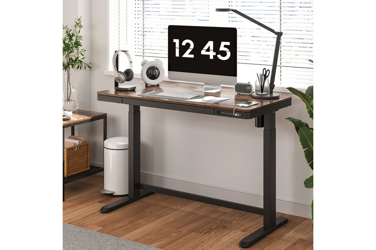 dark wood-stopped standing desk with black frame